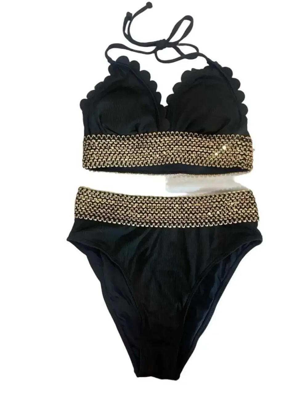 NEW Cupshe Scalloped Stitching Halter Top & High Waist Bikini Swimsuit size smal